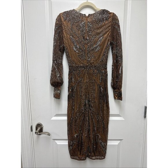 MAC DUGGAL Size 0 Brown 5295 BEADED LONG SLEEVE MIDI COCKTAIL Party DRESS  New - Picture 8 of 11